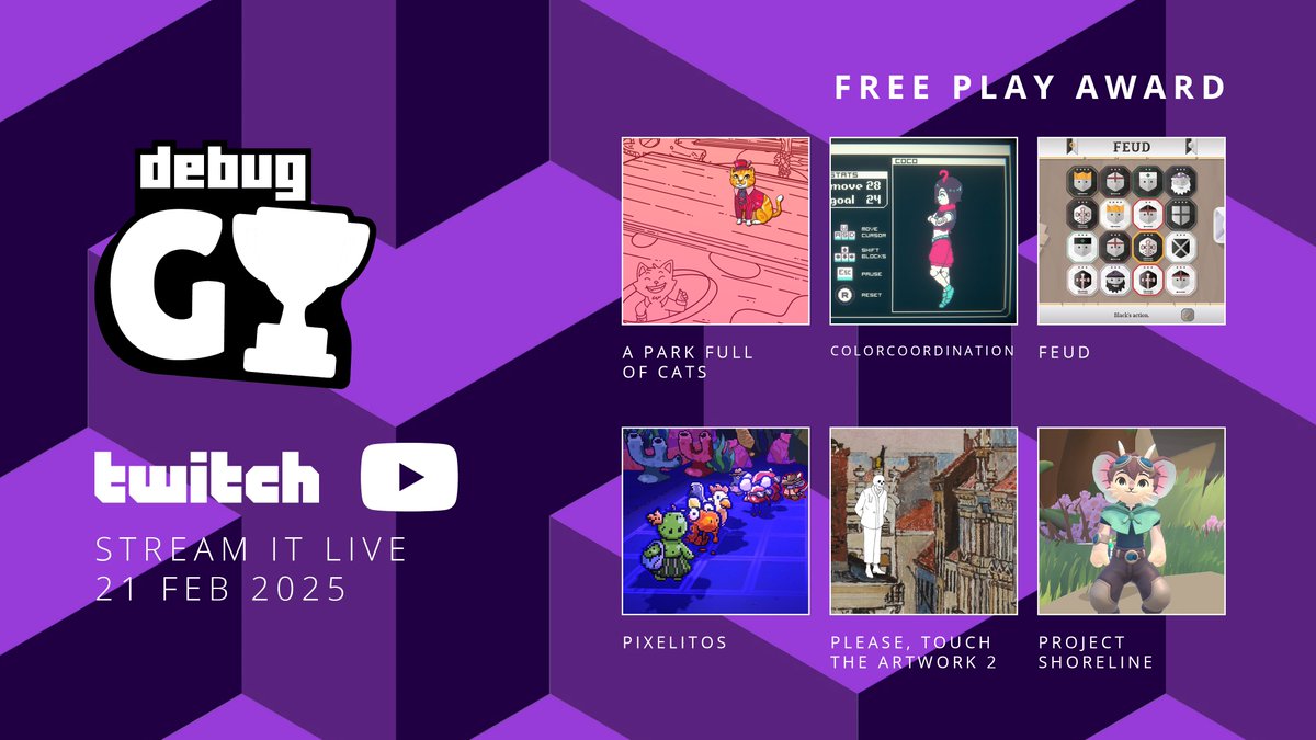 debugmagazine's tweet photo. Introducing the nominees for 'Free Play Award' at The Debug Indie Game Awards 2025

- A Park Full of Cats
- Colorcoordination
- Feud
- Pixelitos
- Please, Touch The Artwork 2
- Project Shoreline

Catch the ceremony live on 21 February 2025! https://t.co/OVoray8Ig6