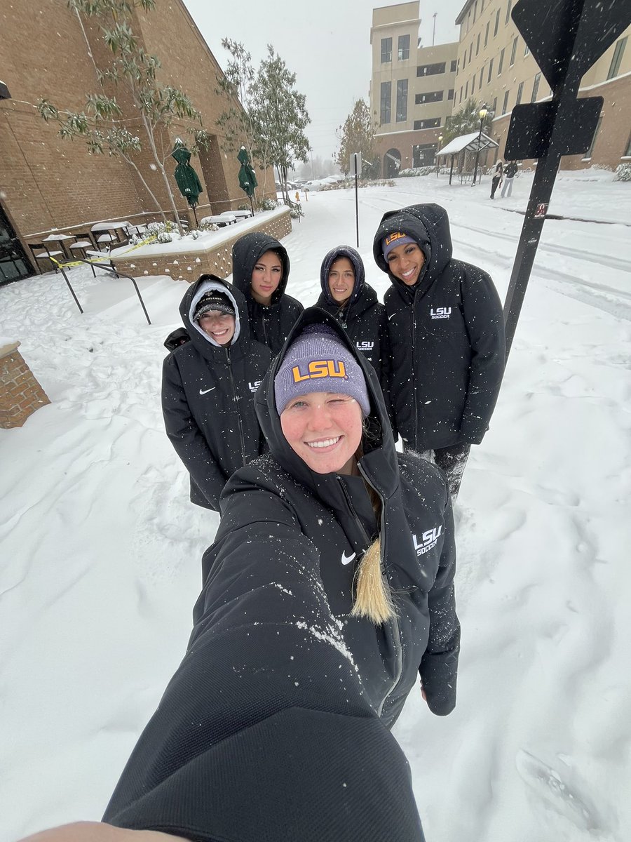 LSUSoccer's tweet photo. Louisiana sneaux day done right ❄️💜 https://t.co/F3yVHcAtTl
