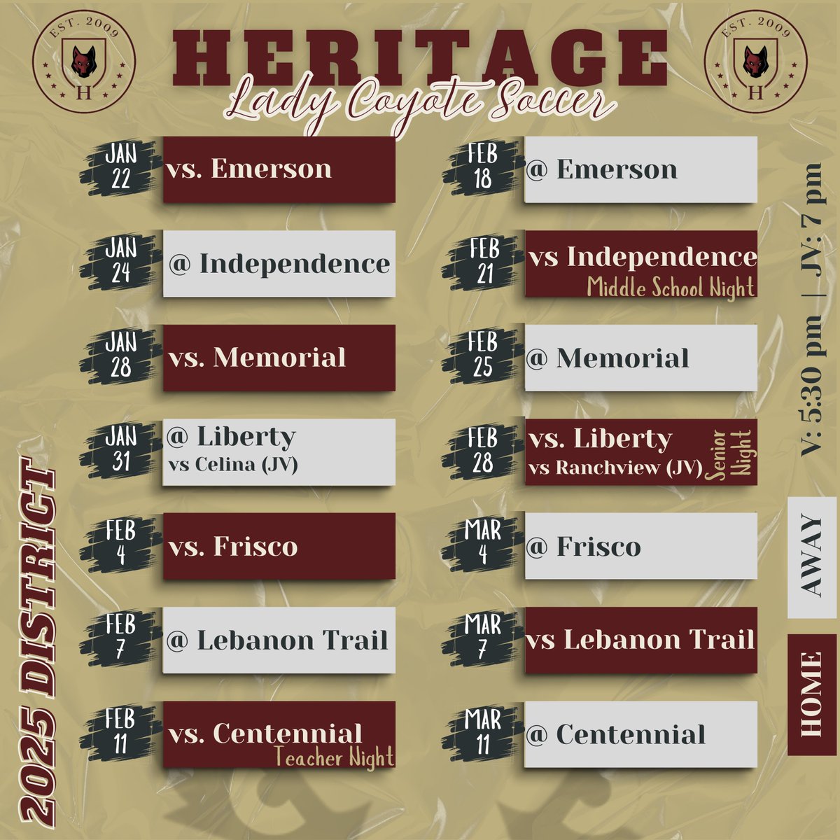 District is here!!

Our district opener has been pushed back to tomorrow. See you tomorrow night and every Tuesday and Friday after that, as we battle it out for a playoff spot!!

#GoYotes