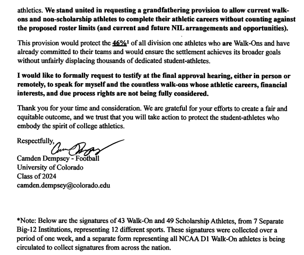 Another athlete letter has been filed to the House v. NCAA docket asking to grandfather in roster limits -- and this one is a pretty big one.

The letter is filed by Colorado football walk on Camden Dempsey... but is signed by *92* other Big 12 athletes.

drive.google.com/file/d/1wsYer3…