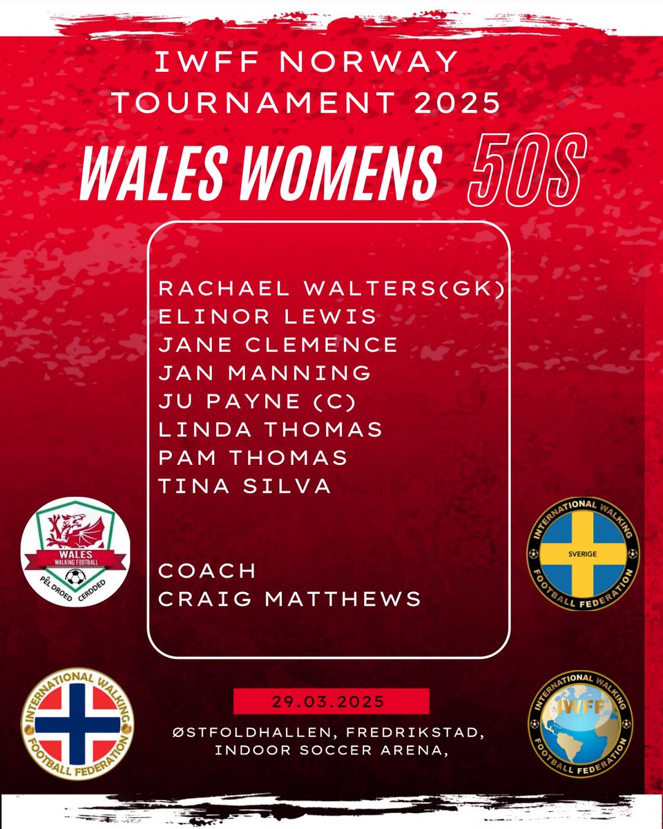 Wales Over 50s Women Squad Announcement 
IWFF NORWAY TOURNAMENT 29/03/25 ⚽️
Congratulations to our players selected to represent Wales. Our 50s women squad will play hosts Norway &amp; Sweden 🏴󠁧󠁢󠁷󠁬󠁳󠁿 🇳🇴 🇸🇪 
Good luck all and have a fantastic tournament.