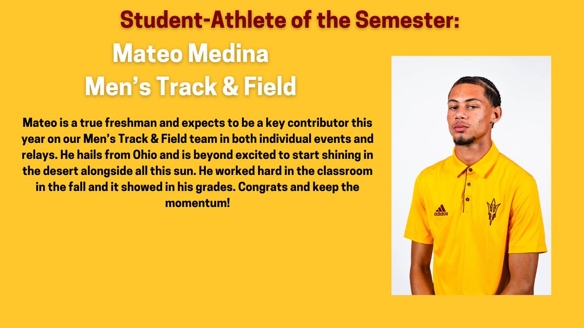 Sun Devil OSAD (@sundevil_osad) on Twitter photo Next up is our Most Improved Male Student-Athlete of the Semester, Mateo Medina from <a href="/SunDevilTFXC/">Sun Devil Track and Field/XC</a>! Congrats on this honor Mateo, we look forward to seeing you on the Track this Spring and keep excelling in the classroom! <a href="/TheSunDevils/">Arizona State Sun Devils</a> #O2V! Next up is our Most Improved Male Student-Athlete of the Semester, Mateo Medina from <a href="/SunDevilTFXC/">Sun Devil Track and Field/XC</a>! Congrats on this honor Mateo, we look forward to seeing you on the Track this Spring and keep excelling in the classroom! <a href="/TheSunDevils/">Arizona State Sun Devils</a> #O2V!