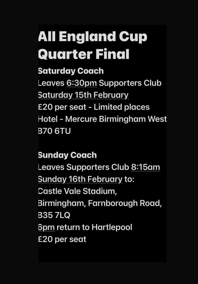 Information re. travel to Birmingham for FA Sunday Cup 

2 coaches so far, that could become 3 if interest continues. 

Get in touch!