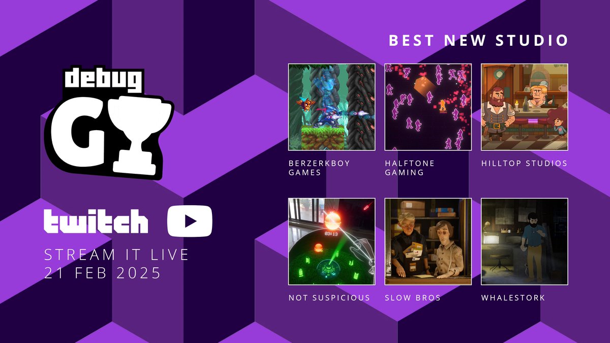 debugmagazine's tweet photo. Introducing the nominees for 'Best New Studio' at The Debug Indie Game Awards 2025

- Berzerkboy Games
- Halftone Gaming
- Hilltop Studios
- Not Suspicious
- Slow Bros.
- Whalestork

Catch the ceremony live on 21 February 2025! https://t.co/kJbGdUZsE4