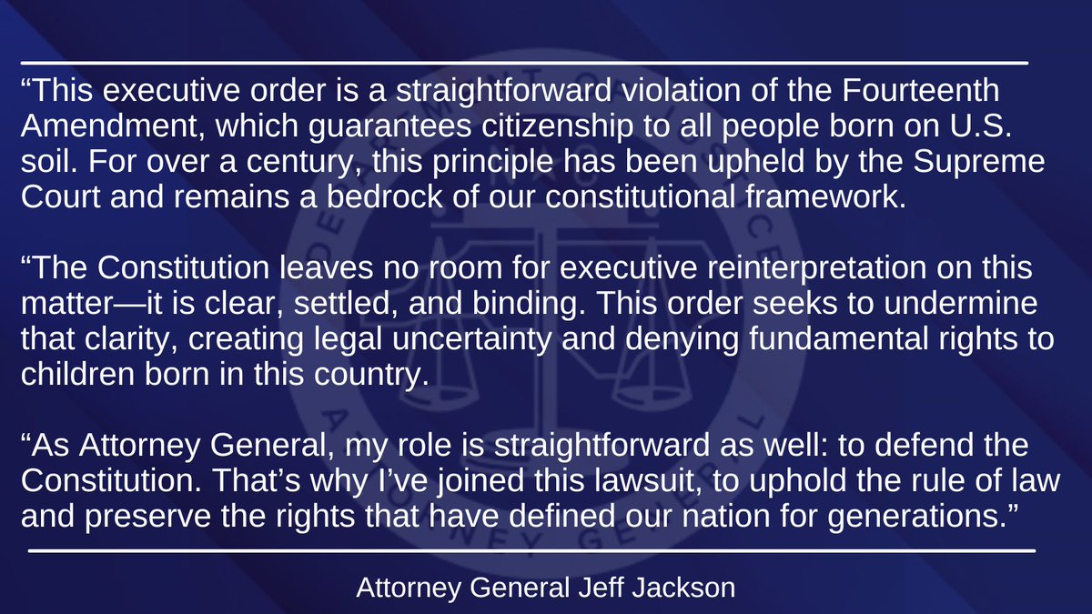 NC Attorney General (@ncago) on Twitter photo Today, Attorney General <a href="/JeffJacksonNC/">Jeff Jackson</a> challenged an executive order that attempts to end birthright citizenship. The order violates the U.S. Constitution's 14th Amendment and more than a century of Supreme Court rulings that uphold birthright citizenship. ncdoj.gov/attorney-gener⦠Today, Attorney General <a href="/JeffJacksonNC/">Jeff Jackson</a> challenged an executive order that attempts to end birthright citizenship. The order violates the U.S. Constitution's 14th Amendment and more than a century of Supreme Court rulings that uphold birthright citizenship. ncdoj.gov/attorney-generā¦