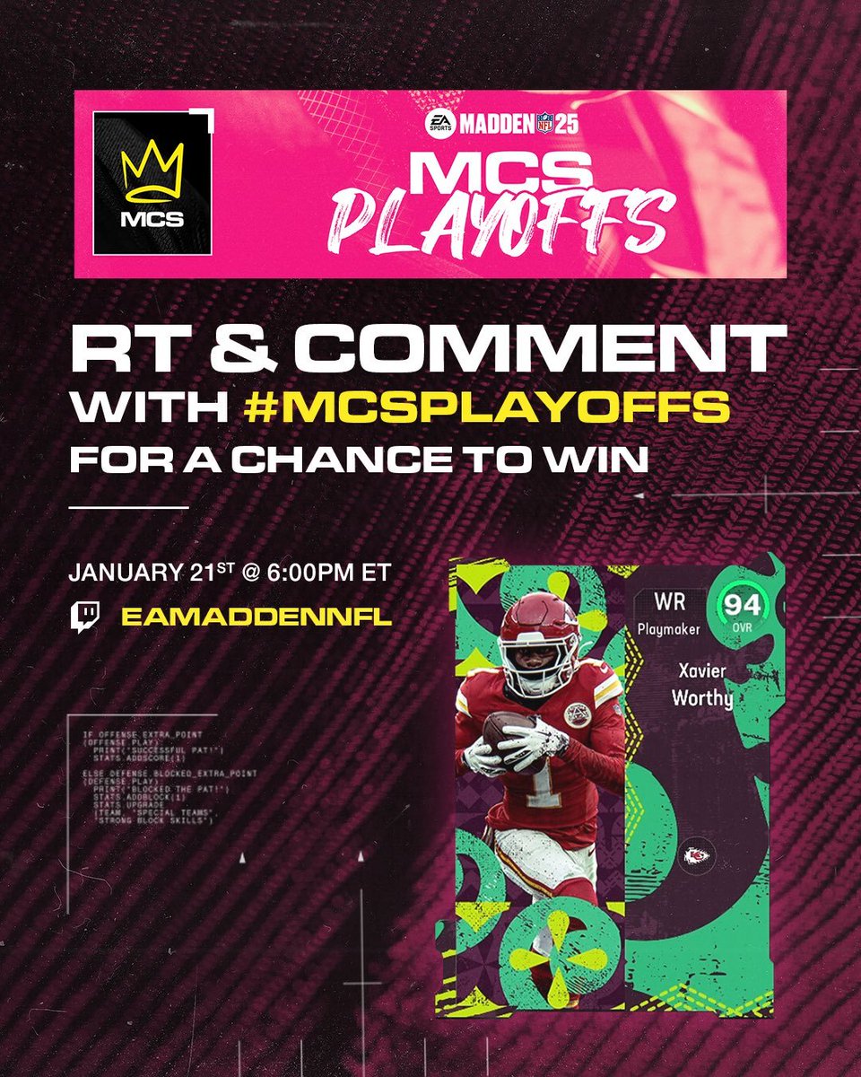 UPANDADAM11's tweet photo. 🚨94 OVR Xavier Worthy Giveaway 🚨

RT &amp; Comment #MCSPlayoffs for a chance to win this 97 Speed Xavier Worthy Playoff item.    
 
Live at 6 PM ET: https://t.co/1remaKoxfD https://t.co/ueAMJk50Yg