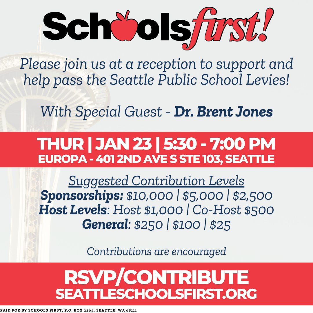 SchoolsFirstSea's tweet photo. Join us this Thursday! We're excited to welcome special guest Dr. Brent Jones to our reception. Your support helps us advocate for Seattle schools. https://t.co/wM1VM8sBGW