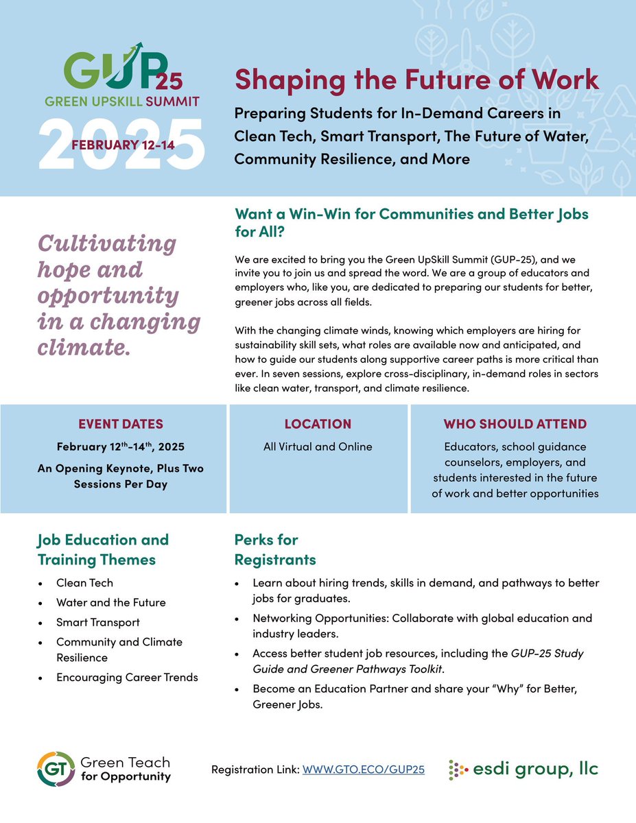 KeniryBird's tweet photo. We're excited to invite you to the Green UpSkill Summit (GUP-25)! My team and I created this event specifically for school guidance counselors, employers, and educators like you who are motivated to prepare students for #greener career paths.

Are you looking to:
● Guide students toward in-demand sustainability skills?
● Clarify hiring trends & the market demand for green talent?
● Shape future opportunities in dialogue with other educators & employers?
● Advance STEM skills with a purpose?

Join us on February 12-14, 2025 (live & online) for:
● A keynote by Tiffany Jacobs of the Forge Greensboro
● Insights from 20+ sustainability experts worldwide
● Multi-disciplinary panels on clean tech, climate resilience, transport, & water
● The latest from LinkedIn's Efrem Bycer
● Greener Career Paths 101 with me, L. J. Keniry
● Dialogue with Marilyn Waite, author of Sustainability at Work

➡️ Register at https://t.co/vQGkFMhtY5
#GUP25 #Sustainability #BetterJobs #Education #FutureOfWork #HappyStudents