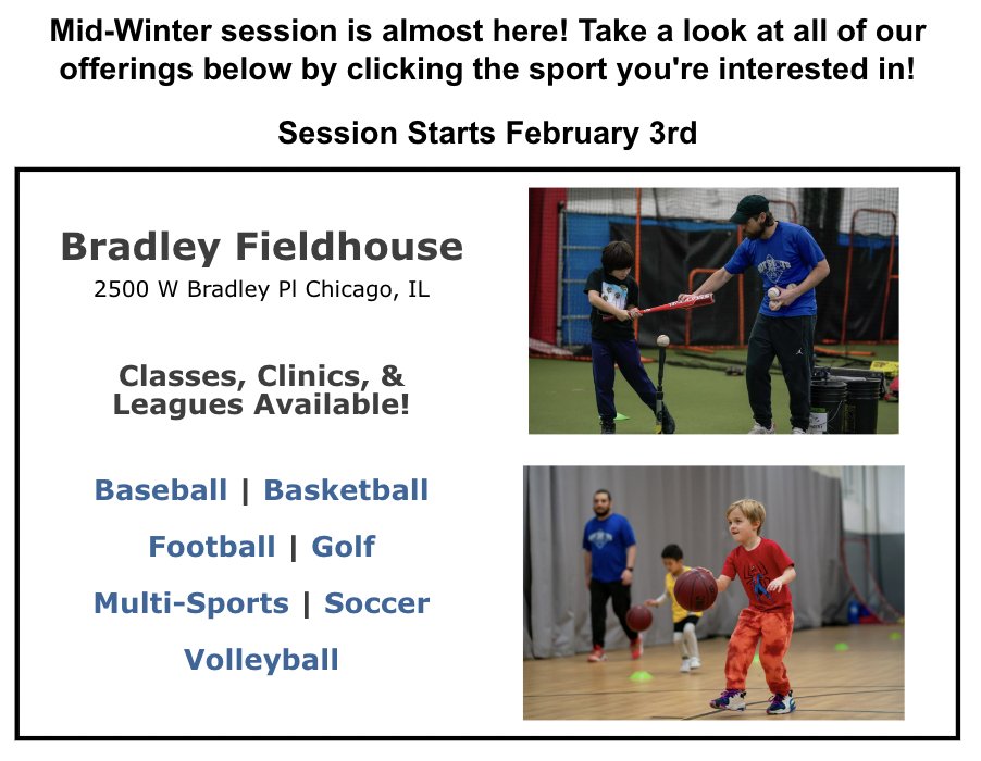HotShotsSports's tweet photo. We are coming up on our true winter session in just under two weeks! Check out all of the fun classes, clinics, and leagues that we'll have available @bradley_chicago !

Click the link below for more info and to sign up!
https://t.co/5NBLi26VPm https://t.co/PAwBQFocmP