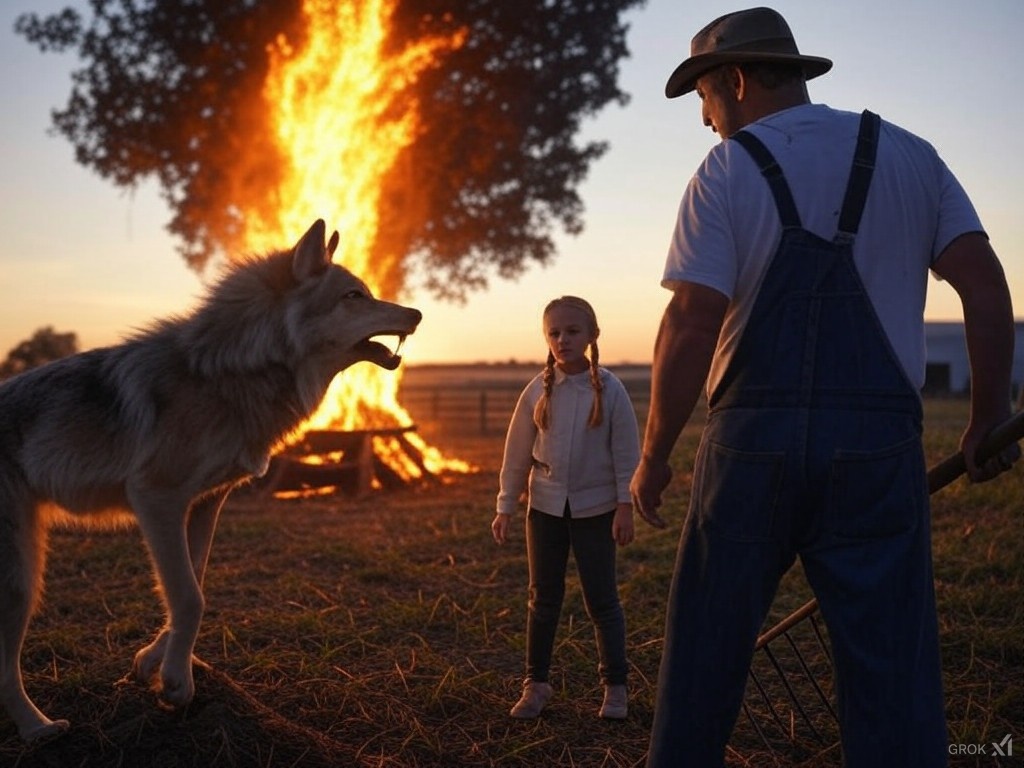proantish's tweet photo. A tense moment on the farm: A brave farmer stands with his young daughter as they face off against a wolf with a massive tree ablaze in the background. Nature's drama unfolds at sunset. #FarmLife #WildEncounter #NatureVsHumanImag https://t.co/f2vgMdL2g9