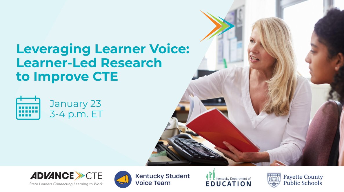 CTEResNetwork's tweet image. Join us at the @CTEWorks Leveraging Learner Voice webinar, this Thursday (1/23) at 3pm ET! Network 2.0 Principal Investigator Kathy Hughes and co-Principal Investigator Shaun Dougherty will offer introductory remarks.
Learn more and register: careertech.org/event/leveragi…