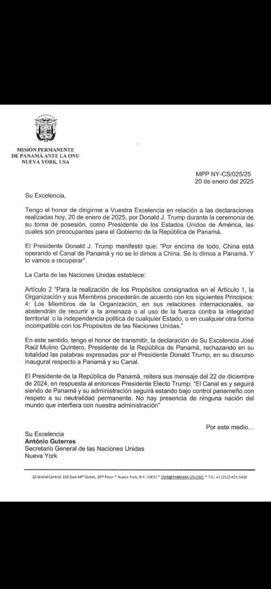 Panamá acusa ante el Consejo de Seguridad de la ONU a Donald Trump, por violar la Carta de Naciones Unidas al amenazar la integridad territorial panameña e intentar tomar por la fuerza el <a href="/canaldepanama/">Canal de Panamá</a>
