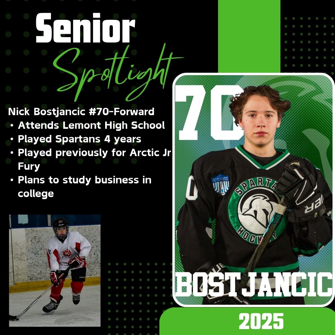 SpartansHSHC's tweet photo. 💚🖤 Next up on our Senior Spotlight is Forward Nick Bostjancik (Bosco) #70. We wish Nick all the best in his future plans and thanks for being a Spartan!! 💚🖤 #WeAreLemont https://t.co/dvdtNkbbeq