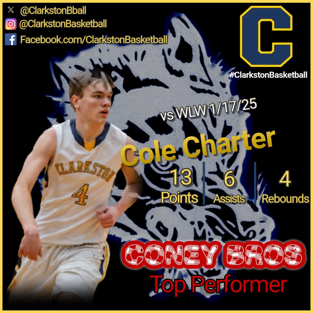 Friday's <a href="/ConeyBros/">ConeyBros</a> top performer is Junior Cole Charter.  #ClarkstonBasketball