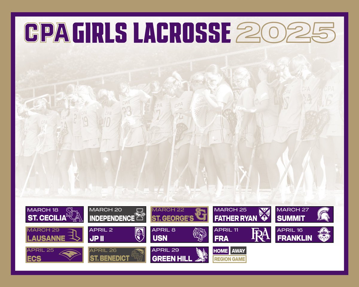 CPALionsSports's tweet photo. 🥍 GIRLS LACROSSE schedule is out… it’s a new year and the first season where lacrosse is an official TSSAA state sanctioned sport.  The girls will play in the DII-A West Region for 2025. https://t.co/4ENROt1iwY