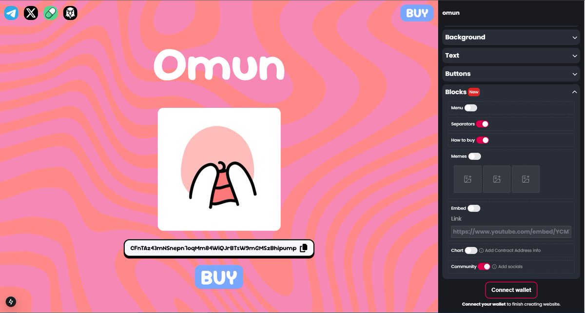 memsitedotfun's tweet photo. Hello everyone! We have some new updates for Memsite! 🎉

Some changes to the design of the main page and the website creation page, with a better and more intuitive user experience.

🔥 More customization of the websites and new blocks available to add:
- Show or hide sections
- Integrated chart with Dexscreener
- Embed Youtube videos

We hope you like the new changes, let us know what you think. ♥️

More coming soon!