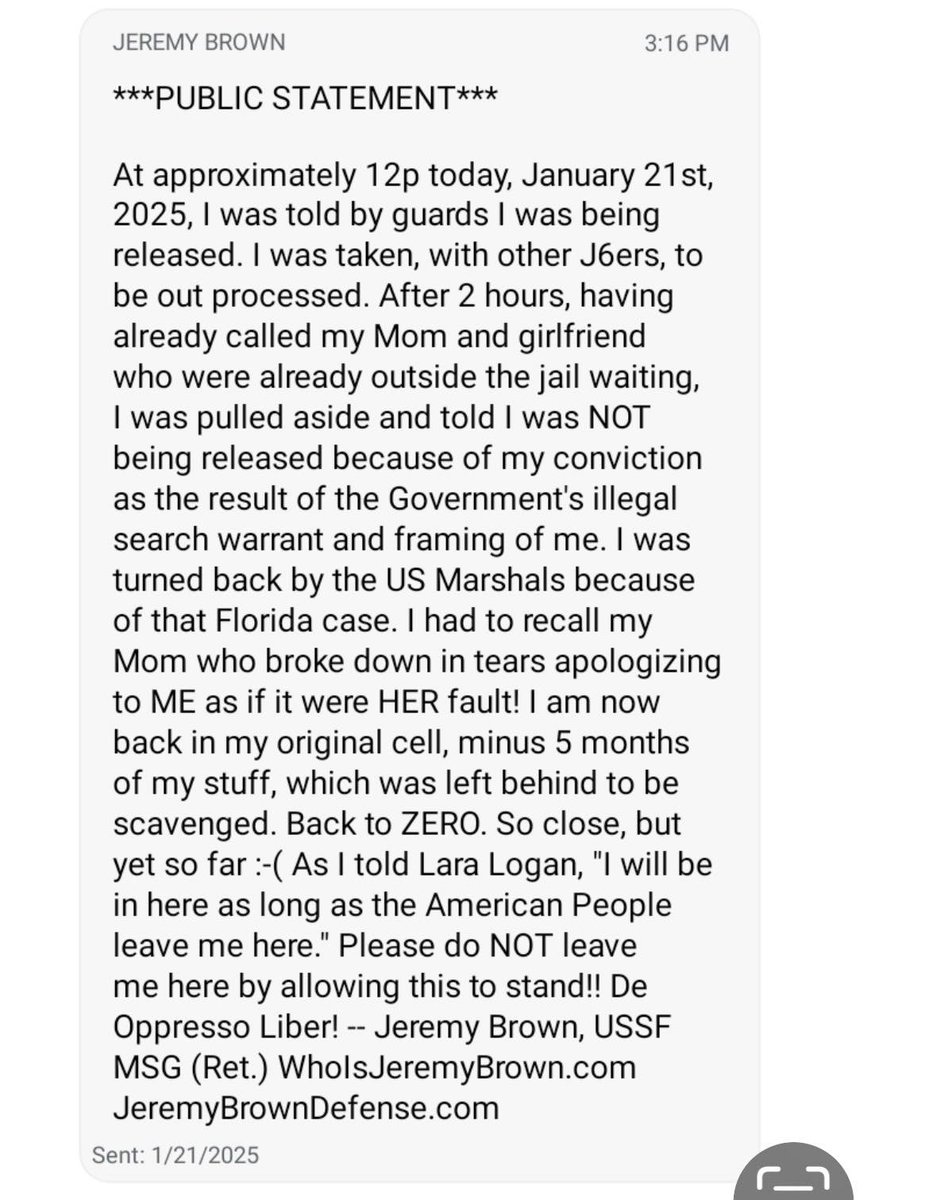 canncon's tweet photo. Another statement from Master Sergeant Jeremy Brown after he was initially told he was about to be released and then told it was a "mistake".