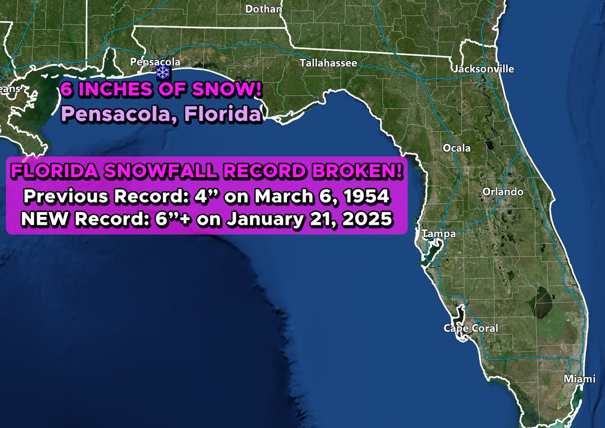 weathertrackus's tweet photo. IT HAS BEEN DONE!

Florida has broken their all-time recorded state snowfall record of 4", set back on March 6, 1954.

6" (and counting) of snow has been reported south of Pensacola, Florida.

What an incredible and historic event!

#winterstorm https://t.co/DtZNEOXLj6