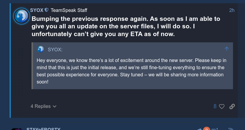 SectorAlpha's tweet photo. @teamspeak Did some digging
Looks like self hosted screen share is on the cards https://t.co/64PgetcxSC
