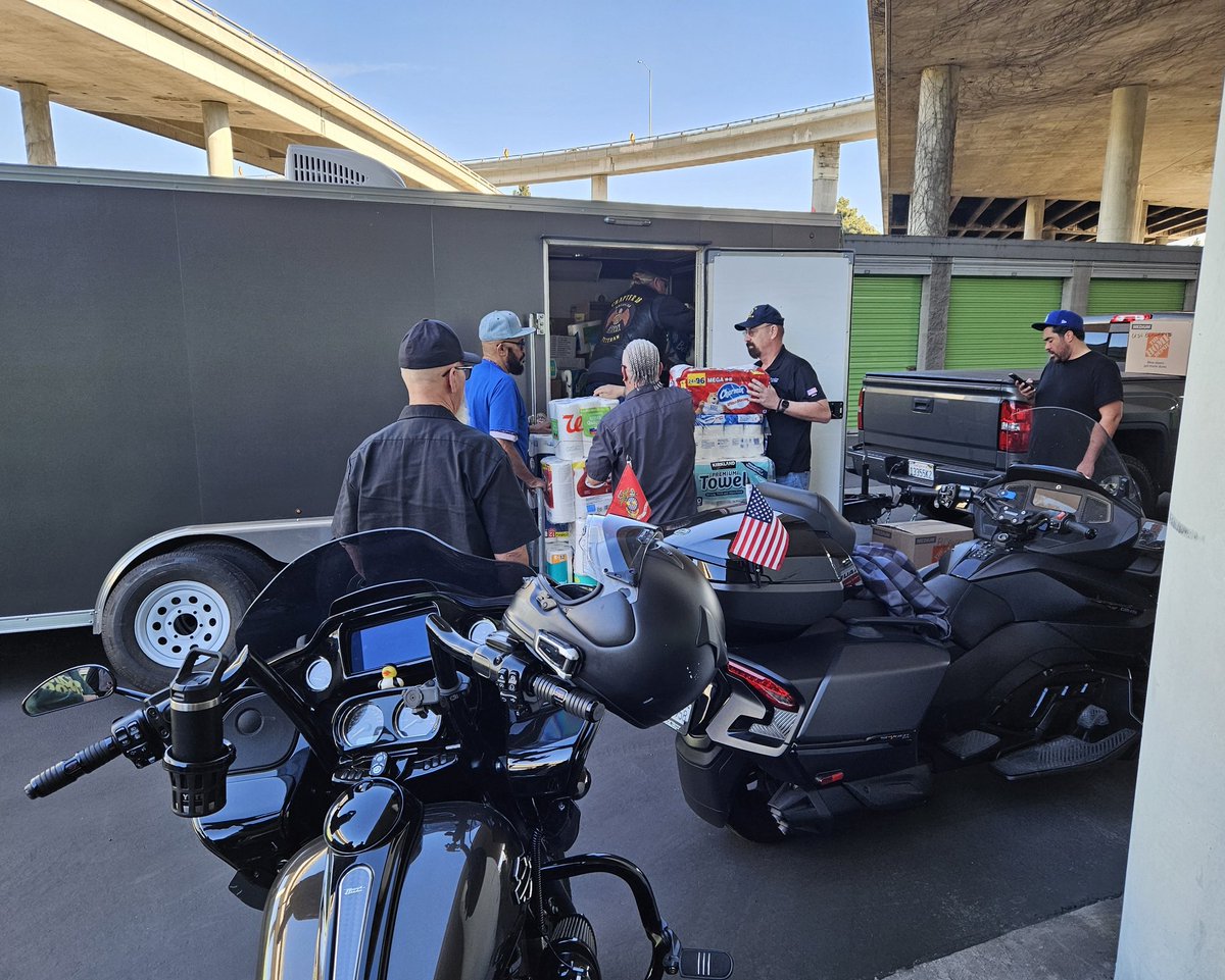 Sons_CA's tweet photo. Veteran community coming together! Santee Legion Riders and others delivering relief to #PacificPalisades  @AmericanLegion Post 283's offsite relief supply center. Next task is to categorize and send out to those in need. https://t.co/qQ0aPBQWUp