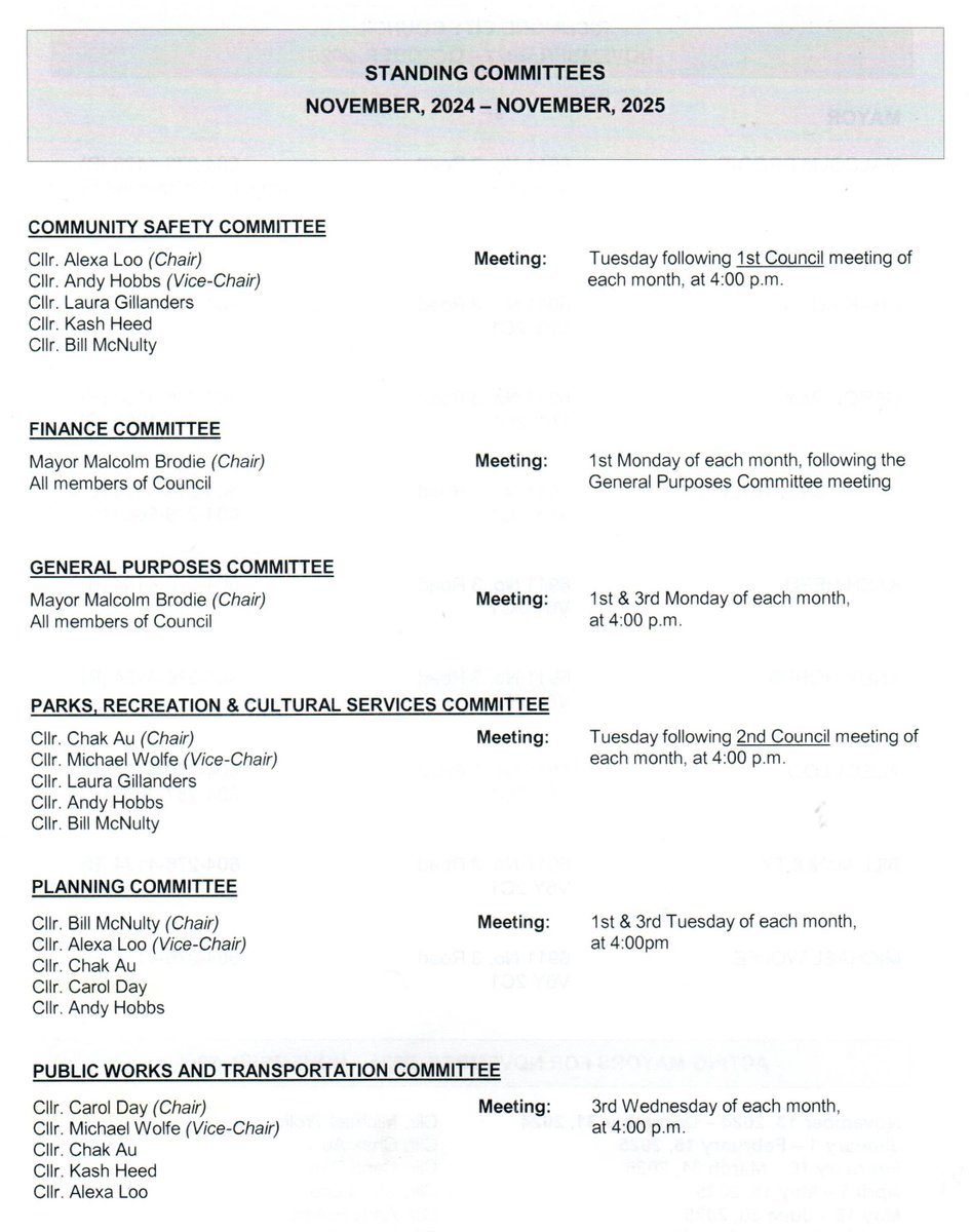 Richmond city council has 9 members and the eight councillors do a lot of the work in the Standing committee’s. The items are then sent to council as a whole. The Mayor decides who will be a member of the standing committee, but I attend the meetings whether I am on them or not.
