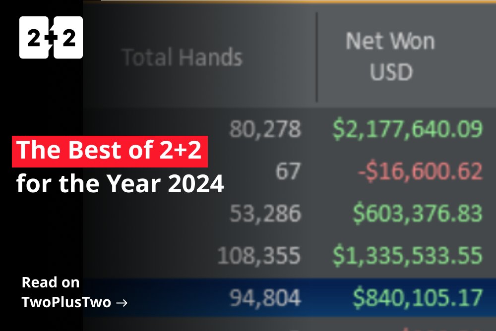 twoplustwoforum's tweet photo. https://t.co/QCCTV8vh99
Read about the #poker drama between nosebleed high-stakes PLO players Grazvydas Kontautas and Eelis “EEE27” Pärssinen, and so much more from the best of what 2+2 had to offer in the past year.

Follow @twoplustwoforum for more content like this. https://t.co/whk9Rvpvnu