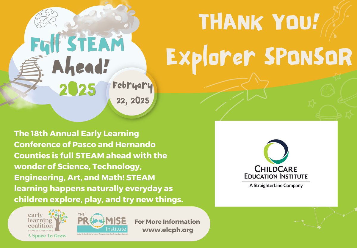 Thank you to <a href="/CCEIonline/">ChildCare Education Institute</a> for supporting early childhood education as an Explorer Sponsor!  We  appreciate your investment in our 18th Annual Early Learning Conference, Full STEAM Ahead!  Visit them at cceionline.com