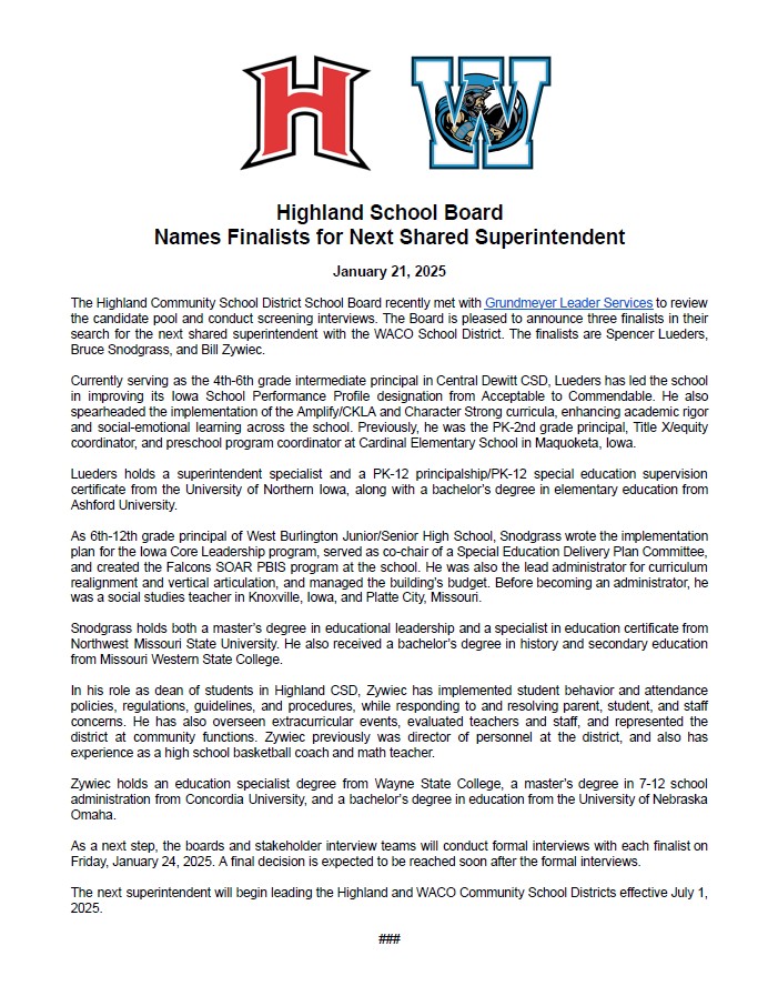 📷 Big Announcement! The Highland School Board has officially named finalists for the next Shared Superintendent! 📷