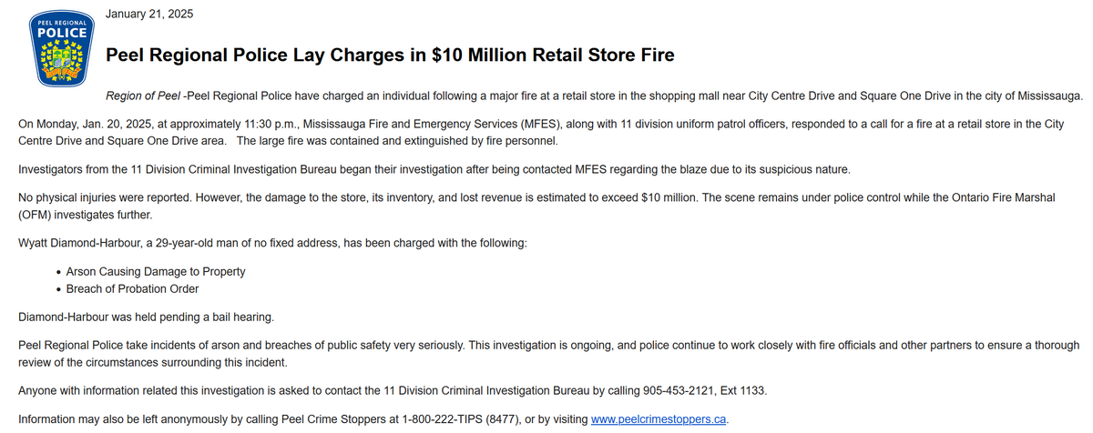 Media371's tweet photo. .@PeelPolice lay charges in $10 million fire at @shopSQUAREONE @WalmartCanada in #Mississauga on Monday night. @ONFireMarshal investigating.

Media Release and photos ---> https://t.co/vCuxfPbYSu