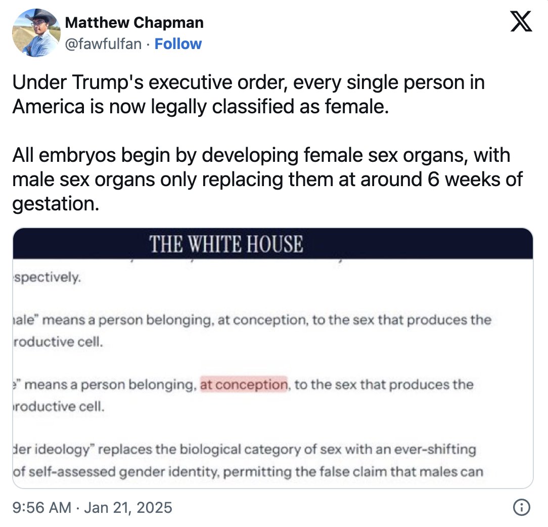 These people not only do not understand what males and females are, but they lack even a basic understanding of how the sexes develop. 

No, all embryos do not "begin by developing female sex organs." This is pseudoscience. In early development, the gonads are "bipotential,"