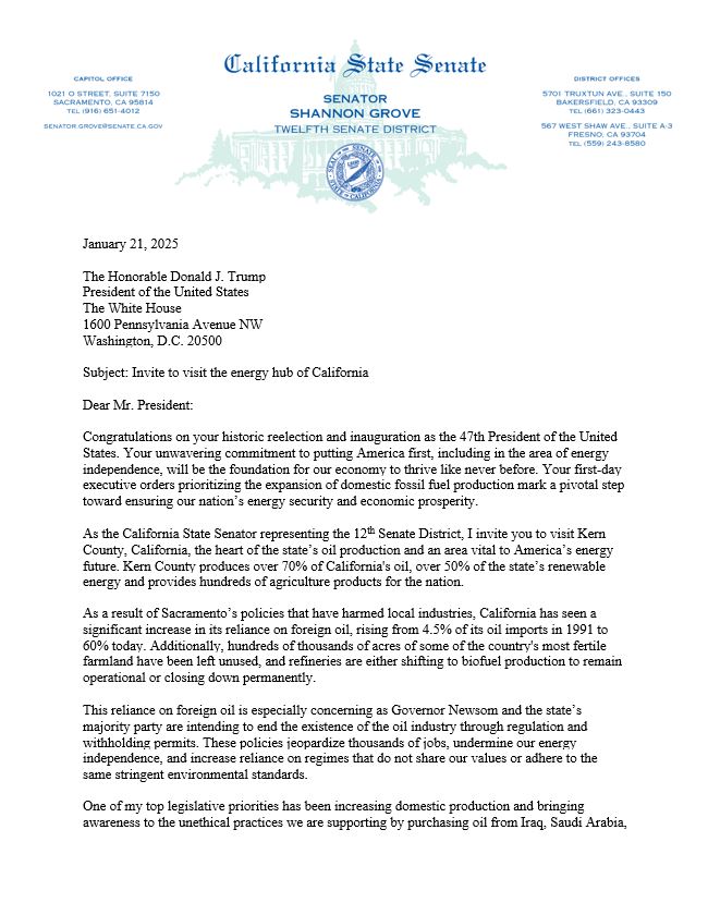 ShannonGroveCA's tweet photo. Today, I asked @realDonaldTrump to visit Kern County, where over 70% of California’s oil is produced and where the state’s majority party has attempted to shut down the industry.

We must bolster our domestic energy production. Kern energy is American energy.

Drill, baby, drill.

@StephenM  @ChrisAWright_