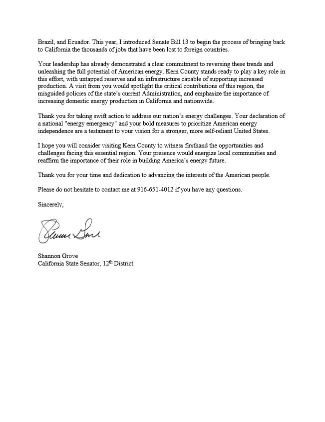 ShannonGroveCA's tweet photo. Today, I asked @realDonaldTrump to visit Kern County, where over 70% of California’s oil is produced and where the state’s majority party has attempted to shut down the industry.

We must bolster our domestic energy production. Kern energy is American energy.

Drill, baby, drill.

@StephenM  @ChrisAWright_