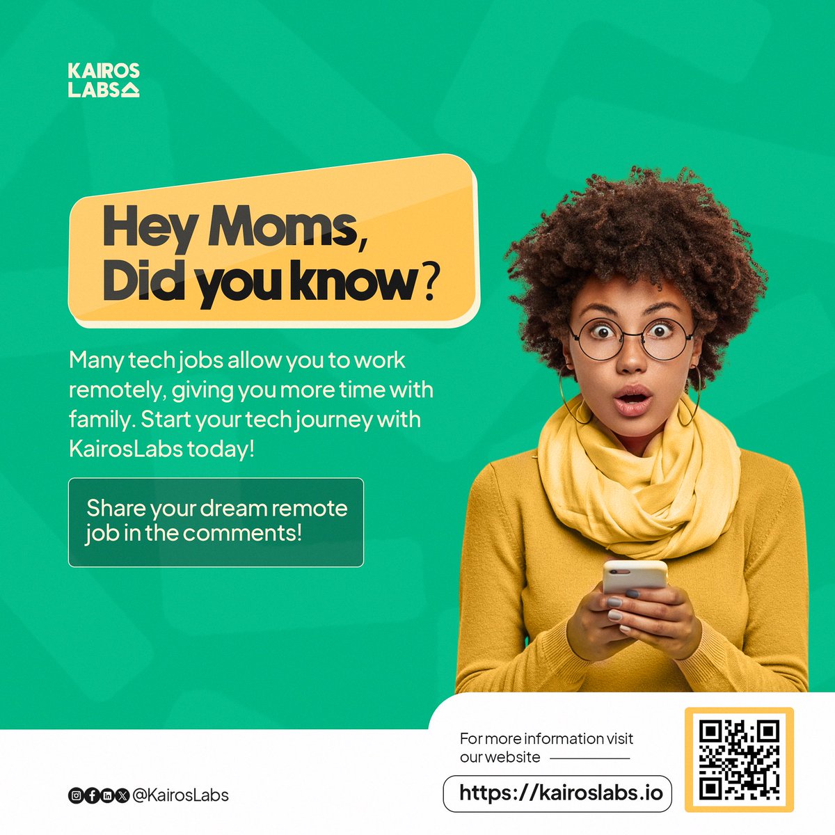 Kairoslabs_io's tweet photo. Hey Moms, Did you know?
Many tech careers let you work from home, so you can spend more time with your family!
Start your journey with KairosLabs today.
What’s your dream remote job? Share in the comments!
#KairosLabs #WorkFromHome #TechMoms #DreamJob #TechSkills https://t.co/gLTcXuRZQy