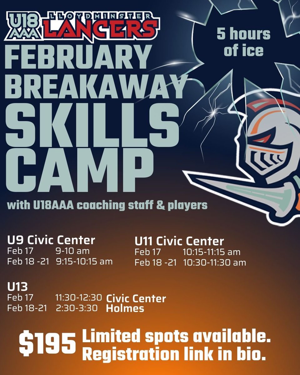 🚨February Breakaway Skills Camp 🚨 

5 hours of ice with U18AAA Lancers coaching staff and players during February break. Sharpen your skills and elevate your game.

Limited spots available. Register now – link in bio
