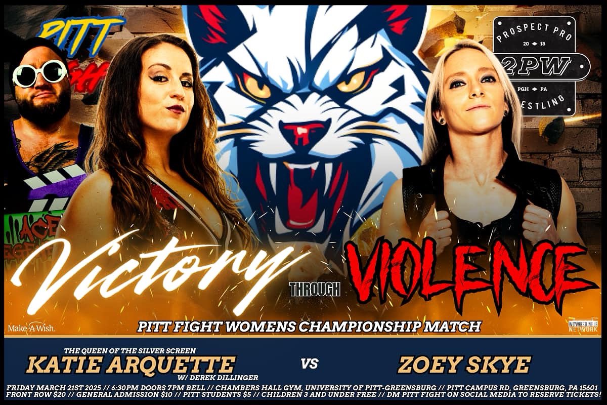 LIGHTS! CAMERA! TITLE MATCH!

“The Queen of the Silver Screen” Katie Arquette is back to defend her championship at Pitt Fight! Standing in her way is #1 contender Zoey Skye, who earned this shot at Fight! Or Be Forgotten!