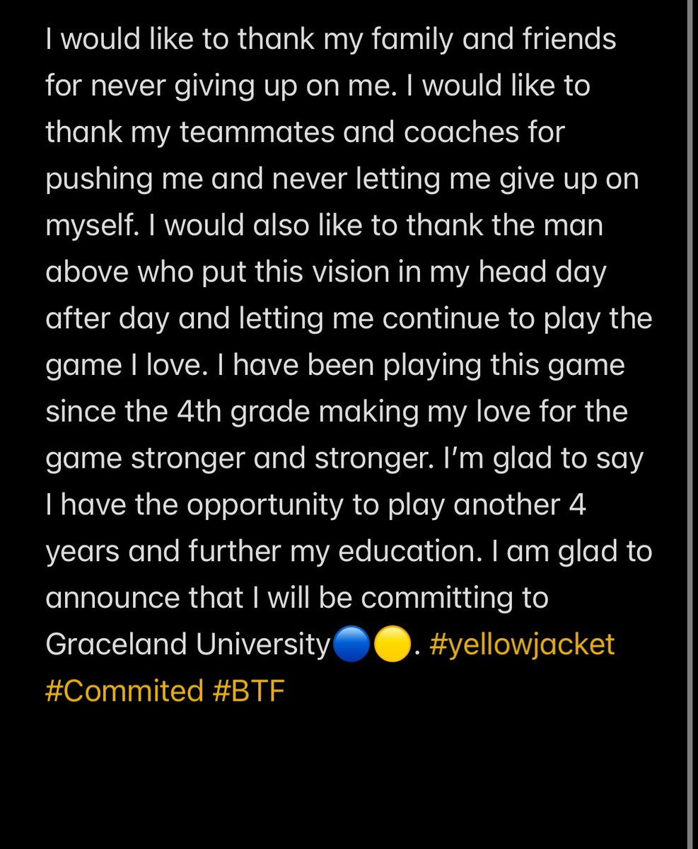 After a great talk with my family I am glad to say that I am 100% committed to <a href="/GracelandFB/">Graceland Football</a>. 

<a href="/GreshamjUa/">UAGryphonsAthletics</a> <a href="/TheeMicahD/">Micah Daniels</a> <a href="/CoachJMcNeal/">Jerry McNeal Sr.</a> <a href="/APBlakemore/">Coach Blakemore</a> <a href="/Varsitycombine1/">KC Varsity Combines</a> <a href="/BirgeAndrew/">Coach Andrew Birge</a> <a href="/CoachRoss_FB/">Patrick Ross</a>