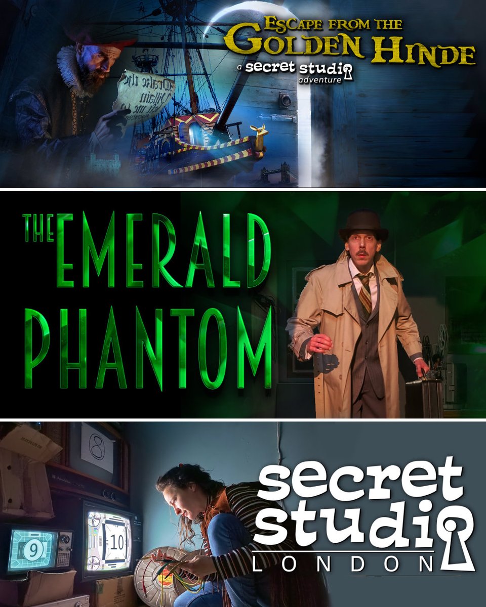 Escape from the Golden Hinde - a pirate escape game on a real ship. 
📍 London Bridge (St. Marie Overie's Dock)

NEW The Emerald Phantom -  Work stage magic in this 1930's whodunnit. 
📍 Brick Lane

Secret Studio Classic - a spooky game in the editor's office.
📍 Brick Lane