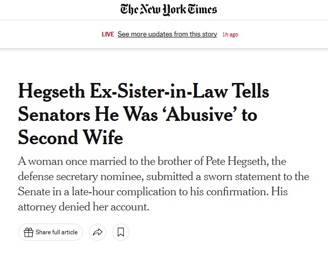The New York Times posted this disgusting hit piece on Pete Hegseth requiring you to scroll to the bottom of a paywalled article just to find out Pete's Ex-wife denied the abuse claims.

These "journalists" are sick.