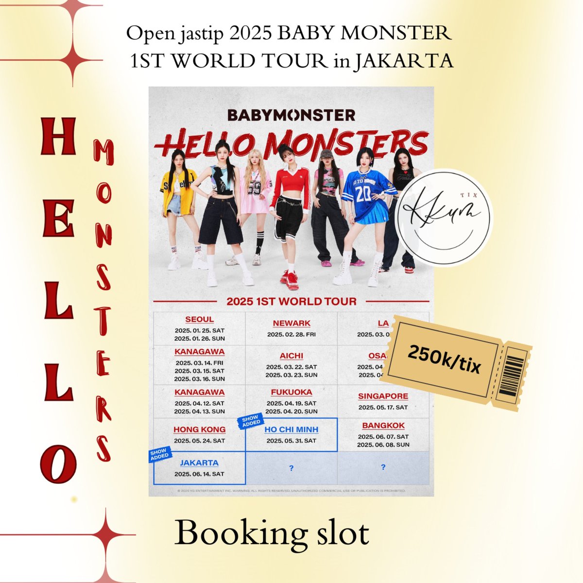 simpatilhc's tweet photo. OPEN JASTIP 2025 BABYMONSTER 1ST WORLD TOUR 'HELLO MONSTERS' in JAKARTA

📍trusted 100%
📍fee 250k/tix (diurus sampai tiket fisik)
📍Data pribadi | Self payment 
📍open for presale &amp; general sale 

t. jasa titip jasa war joki tiket jaswar babymonster
#BABYMONSTER #MONSTIEZ https://t.co/mWRjsZ8QnG