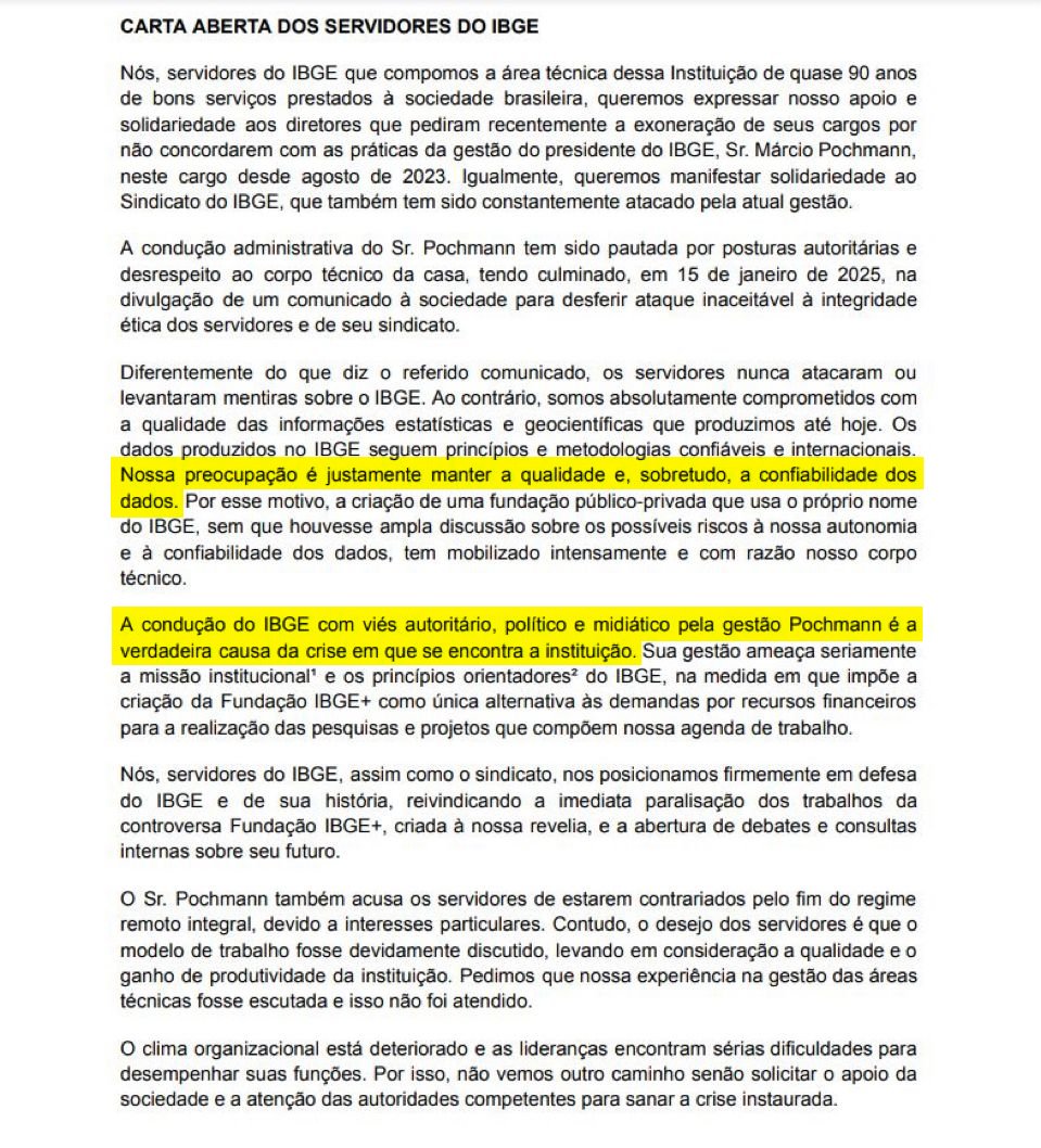 marinahelenabr's tweet photo. 130 servidores assinaram carta contra o Ponchmann por sua gestão autoritária e ideológica no IBGE. Citam ainda 'risco à confiabilidade dos dados'.

Jeitão de China, mas não surpreende: vimos o mesmo filme na passagem dele pelo IPEA (2007-2012).

Foi colocado lá pra isso. https://t.co/v1WSOWYRH6