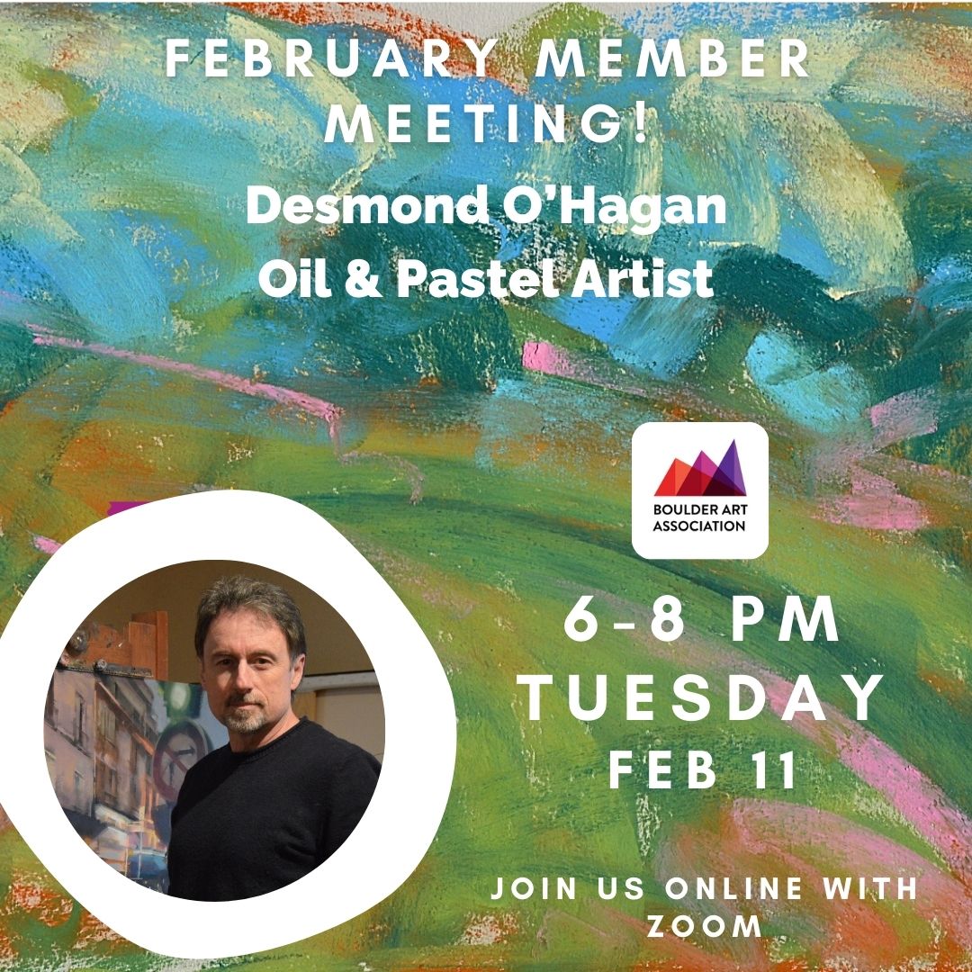 BoulderArtAssoc's tweet photo. Join us on ZOOM
Tuesday, February 11th 6:00 - 8:00 PM
Desmond will start with a short talk about his art followed by a slide show of his paintings including 3 paintings in progress.  

(Registration required - Get the link on the Boulder Art Association Meetup page.) https://t.co/hx0VowjemV