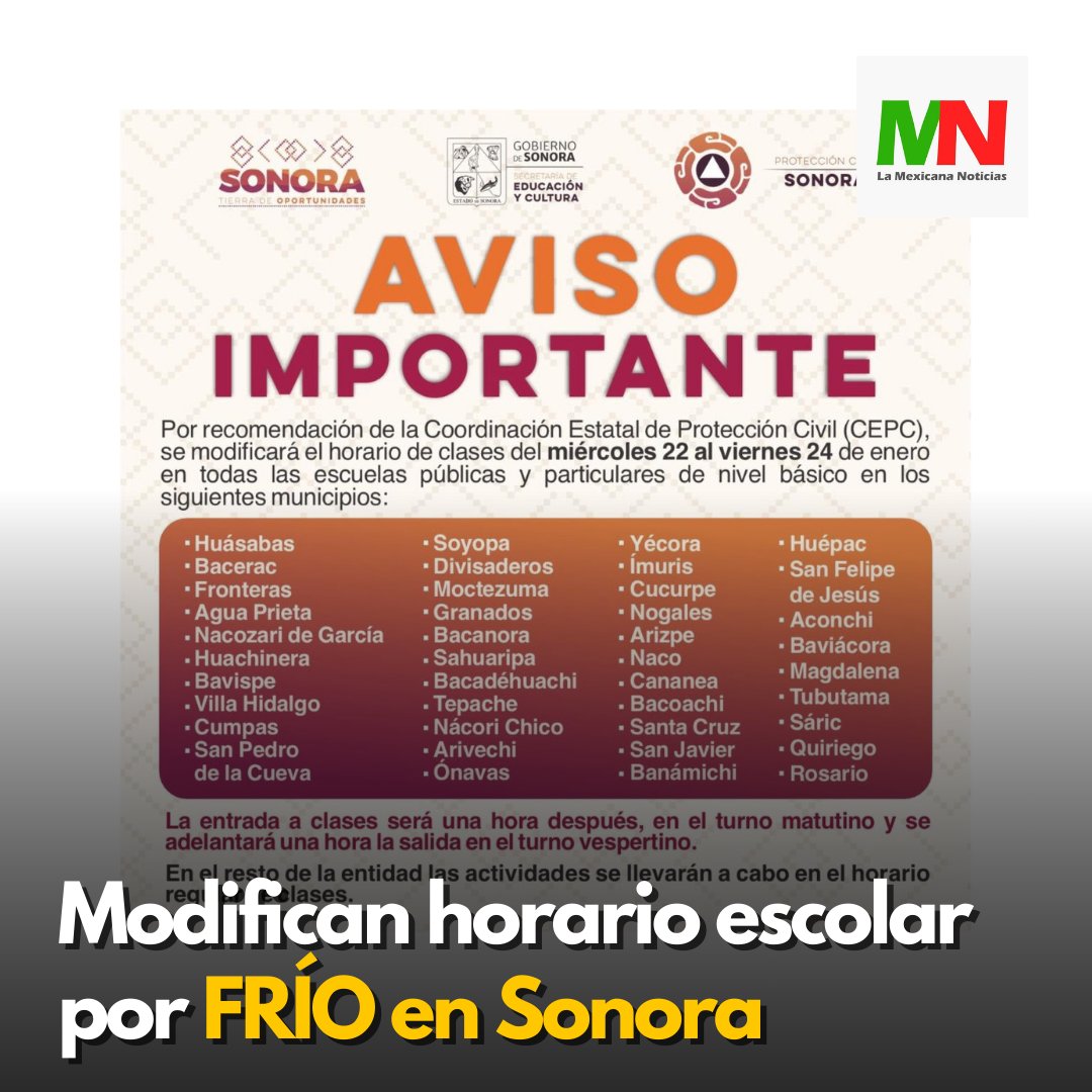 #ÚLTIMAHORA‼️

🔴 Modifican HORARIO DE CLASES por las BAJAS TEMPERATURAS en 41 municipios de #Sonora #LaMexicanaNoticias

👉 lc.cx/M-j7YE