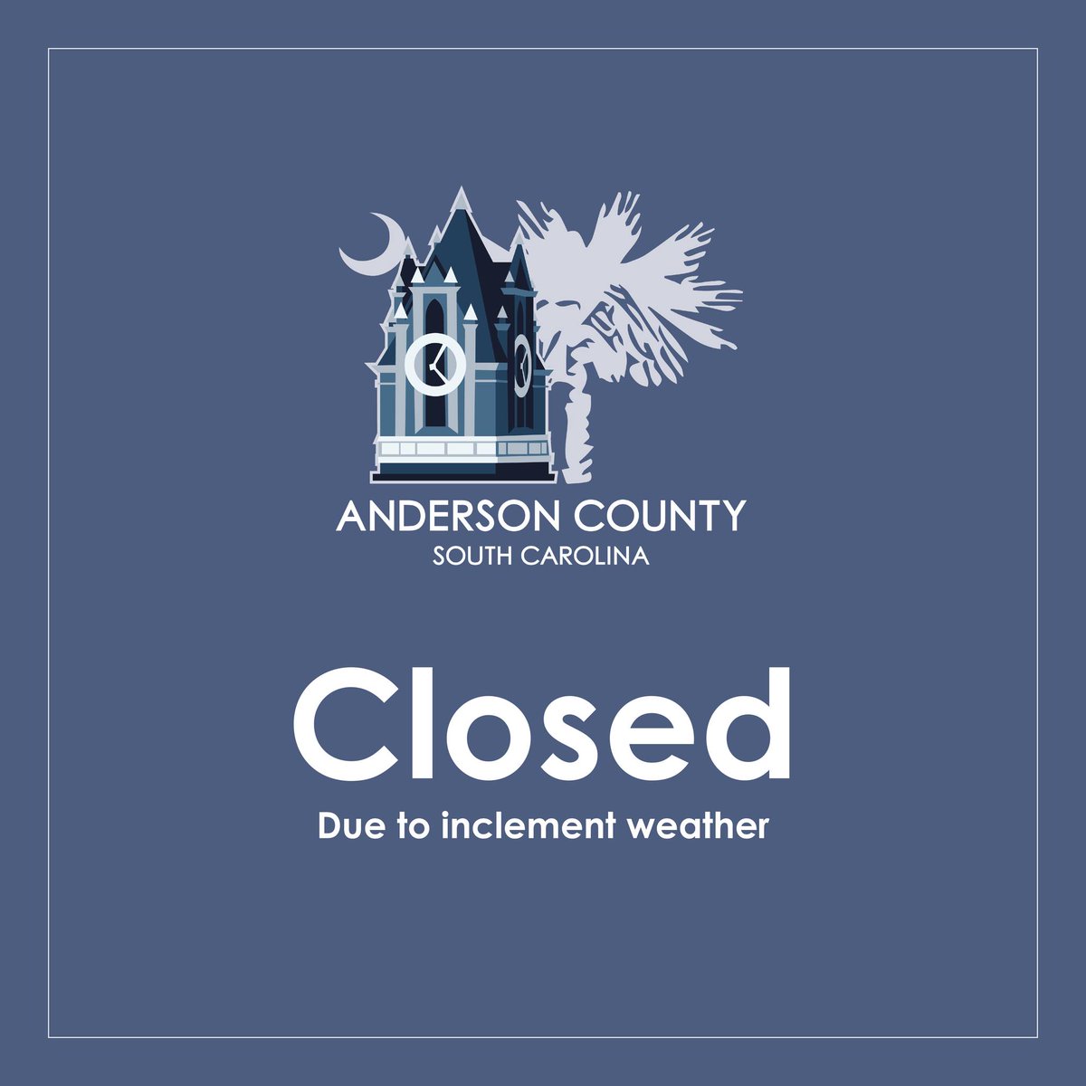 Due to inclement weather, Anderson County government offices, convenience centers, MRF, and the Starr Landfill will be closed on Wednesday, January 22, 2025. 🚮♻️
.
.
.
#andersonsc #acscgov