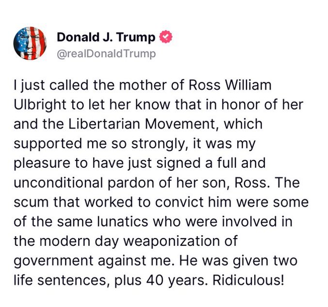 🚨BREAKING: Trump grants full and unconditional pardon to Ross Ulbricht