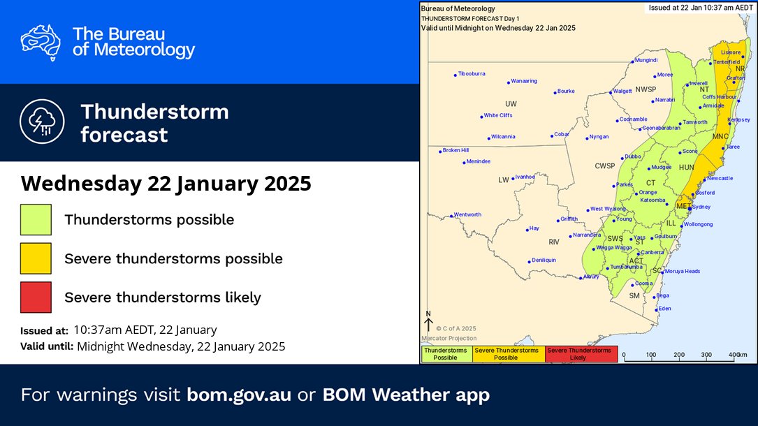 Today's Thunderstorm FORECAST
⛈️A southerly change moving up the coast reaching central areas about the mid-afternoon will see damaging winds possible in the yellow area.
Yellow area most north, can't rule out large hail &amp; damaging winds.
Weather details: ow.ly/beGR50UKKiT