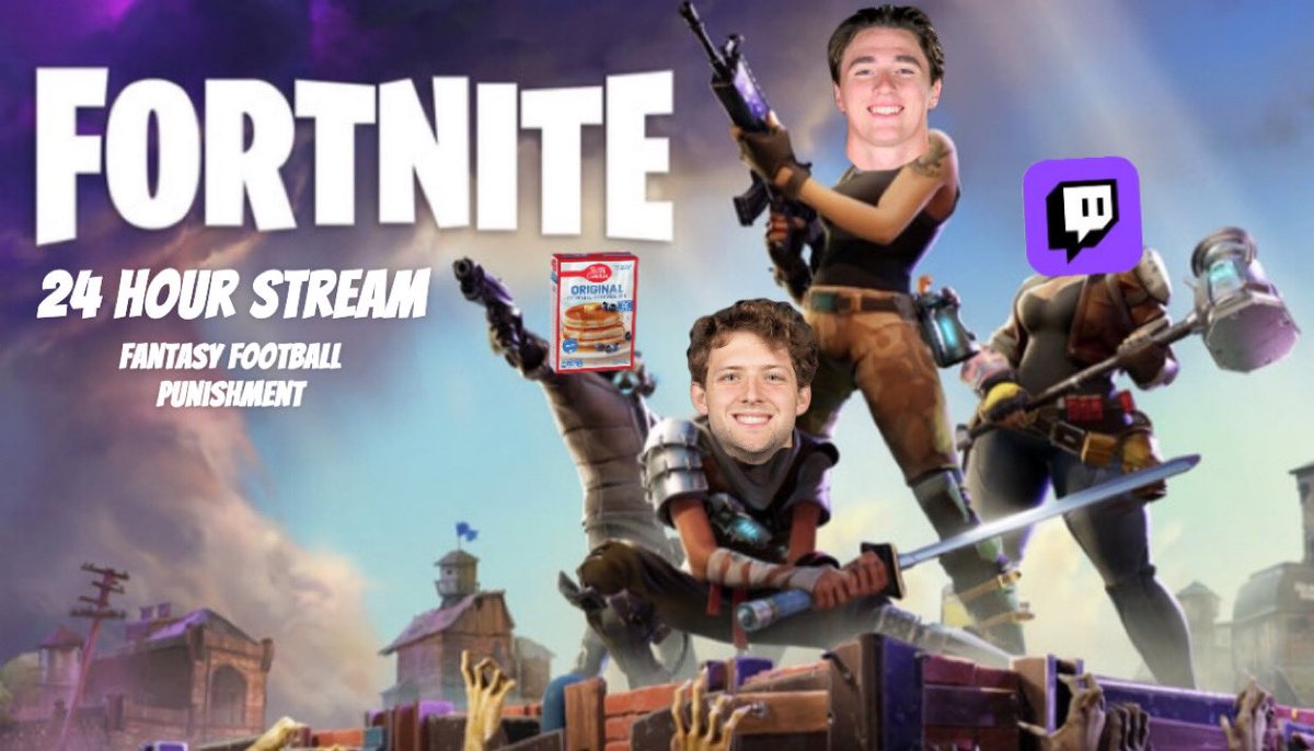 Sam Wiglusz (@samwiglusz) on Twitter photo Join us for a 24-hour Fortnite stream with my duo partner <a href="/Tyler_Foster10/">Tyler Foster</a> (aka my co-fantasy football loser)! Every win = 1 hour off, 2 in a row = 4 hours off! We’re eating meals while playing and bathroom breaks at loading screens. Tune in!
Friday 1/24/25 4:00pm 🕹️👍🏼 Join us for a 24-hour Fortnite stream with my duo partner <a href="/Tyler_Foster10/">Tyler Foster</a> (aka my co-fantasy football loser)! Every win = 1 hour off, 2 in a row = 4 hours off! We’re eating meals while playing and bathroom breaks at loading screens. Tune in!
Friday 1/24/25 4:00pm 🕹️👍🏼