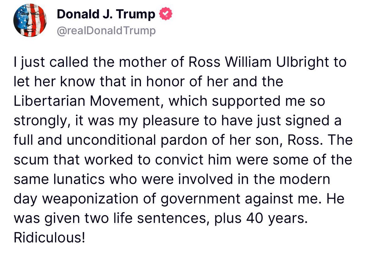 AaronRDay's tweet photo. 🔥 Ross Ulbricht is free at last! @RealRossU  

This moment is monumental—a testament to the power of perseverance, advocacy, and an unwavering belief in freedom. Watching the incredible movement to #FreeRoss has been profoundly inspiring. Thousands of people came together, proving that when enough voices demand justice, the impossible becomes reality.  

Four individuals, however, stand out as extraordinary forces behind this victory.  

I first met Lyn Ulbricht at @PorcFest in 2013 (or 2014), and she immediately struck me as a force of nature. Lyn has been the beating heart of this movement—a tireless advocate, the epitome of grace under fire, and, without question, the main hero of this story. Her unshakable love for her son and her steadfast determination have shown the world that love and perseverance can truly move mountains.  

From the beginning, Roger Ver (@rogerkver) has been a principled and outspoken advocate for Ross, embodying voluntaryism not just in words but in extraordinary action. As the largest single donor to Ross’s legal fund, Roger demonstrated the power of voluntary support and commitment to freedom. I consider Roger to be the most principled and effective advocate for voluntaryism in the world.  

Angela McArdle (@angela4LNCChair): Angela’s strategic brilliance and commitment to liberty were pivotal. At last year’s Libertarian Convention, I witnessed Trump approach Angela and ask what might convince Libertarians to consider his candidacy. She masterfully placed “Free Ross” at the top of the list. That single decision was a game-changer, a true masterstroke that likely made this victory possible. Angela’s leadership has been unparalleled, solidifying her place as the GOAT of LP Chairs. I know her fight is far from over.  

Martha Bueno (@BuenoForMiami): Martha is an unstoppable force in the liberty movement—a warrior who has poured her heart into this cause. Her tireless work to raise awareness and mobilize support has been instrumental. Martha’s passion and dedication are unmatched, and she continues to inspire everyone around her.  

But now, Roger needs our support. He is facing politically motivated attacks from the Biden administration under EO 14067—an effort to chill the crypto revolution and stifle innovation. Instead of targeting true innovation, these attacks aim to crush voluntarism and silence those who challenge the system.  

Having Roger voluntarily invest in and contribute to the U.S. crypto economy is 100,000x more productive than throwing him in a cage (at taxpayer expense) for non-crimes.  

To everyone who believed, fought, and sacrificed for this day—this victory is for you. Let this remind us that when we stand together, nothing is impossible. Let’s carry this momentum forward as we fight for freedom, justice, and a brighter future for all.  

Please watch this incredible song by @JordanPageMusic as well as this video from @rogerkver from 2018 where he discusses a letter he received from Ross. 

@jeffreytucker @brownstoneinst @TracyAThurman @BretWeinstein @chrismartenson @HealthRanger @56Liberty_ @LPMisesCaucus @LPNational @LPNH @CarlaGericke @FreeStateNH @Rothmus @barnes_law @SallyMayweather @RealAlexJones @vladcostea  @IreneMavrakakis @LibertyLockPod @MarcDeMesel @DouglasTuman @RecTheRegime @elonmusk @TheDesertLynx @VivekGRamaswamy @ShannonJoyRadio @drdrew @RiceTVx @MarkEdge_FTL @FTL_Bonnie @FreeIanNow @FreeRogerVer @mattkim1 @Lukewearechange @wagmi_events @queentatiana @DBrozeLiveFree @JohnBLiveFree @j0j0r0 @iam4amwe