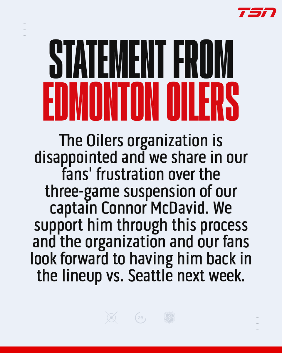 TSN_Sports's tweet photo. The #Oilers have released a statement, regarding Connor McDavid's three-game suspension. https://t.co/WDrwEBzSJO