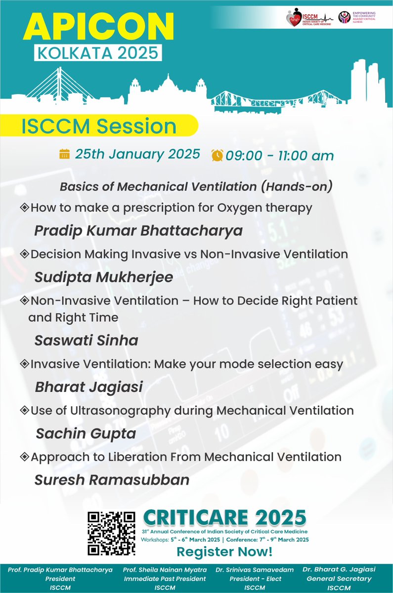 isccmnational's tweet image. ISCCM Session in APICON 2025 KOLKATA
Date: 25th January 2025
Time: 09:00-11:00 am
CRITICARE 2025, Kochi
Workshops: 5th - 6th March 2025
Conference: 7th - 9th March 2025
Venue: Grand Hyatt Kochi Bolgatty
Register Now : criticare.isccm.org
#isccm #criticare2025 #APICON