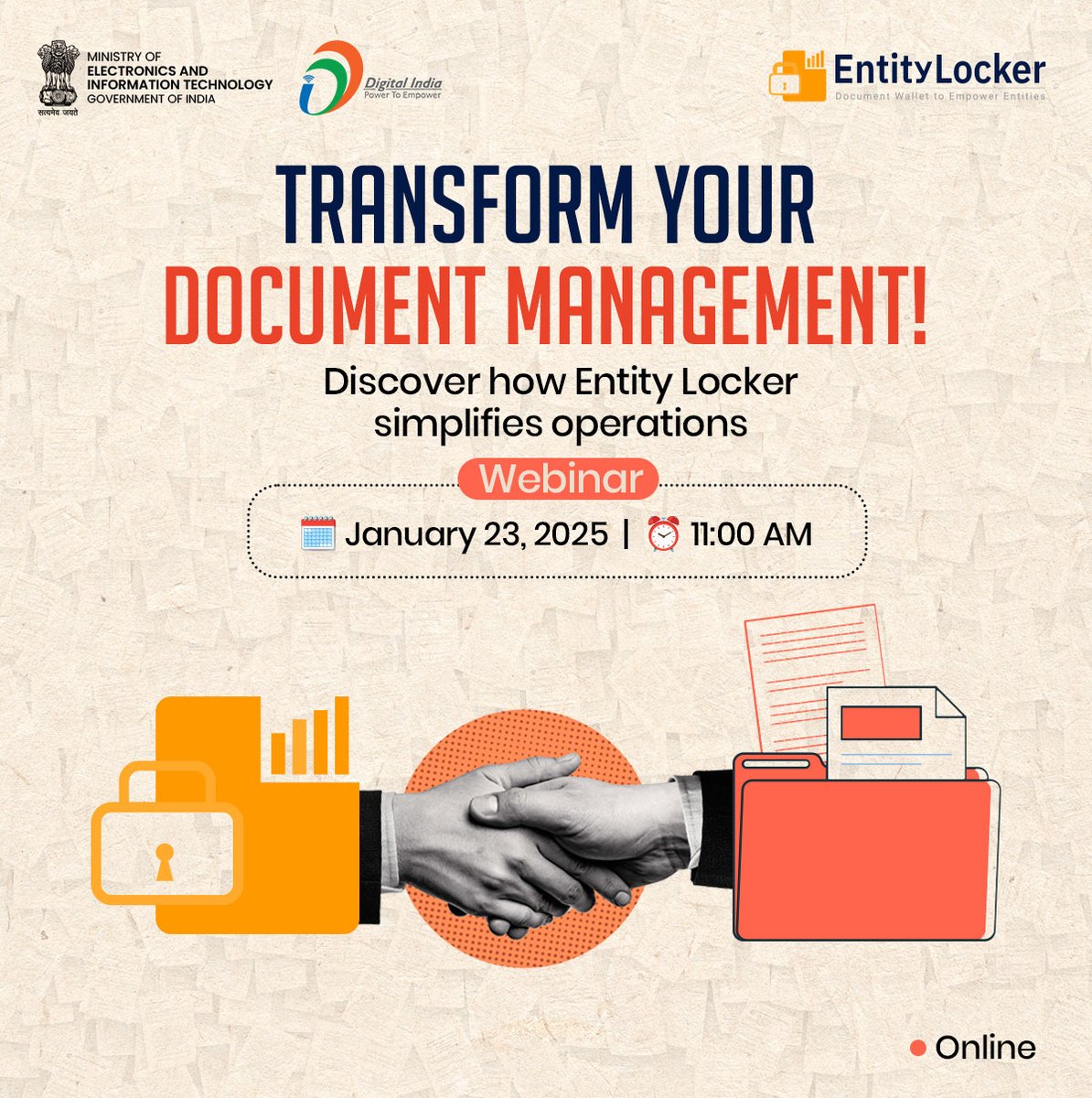 Ministry of Electronics & IT (@goi_meity) on Twitter photo An opportunity to learn about #EntityLocker, a revolutionary initiative to simplify business operations!
👉 Webinar on Entity Locker on Jan 23 at 11 AM
Watch it #LIVE on #DigitalIndia's official youtube channel @ youtube.com/DigitalIndiaof…
<a href="/digilocker_ind/">DigiLocker</a> <a href="/GoI_MeitY/">Ministry of Electronics & IT</a> An opportunity to learn about #EntityLocker, a revolutionary initiative to simplify business operations!
👉 Webinar on Entity Locker on Jan 23 at 11 AM
Watch it #LIVE on #DigitalIndia's official youtube channel @ youtube.com/DigitalIndiaof…
<a href="/digilocker_ind/">DigiLocker</a> <a href="/GoI_MeitY/">Ministry of Electronics & IT</a>